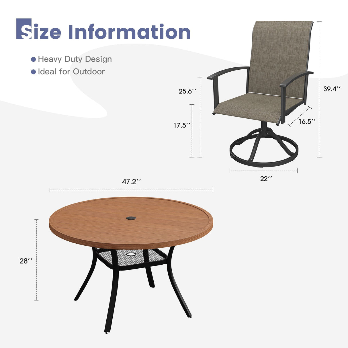Vicllax Outdoor Dining Set for 6 People, Patio 47" Round Table with 6 Swivel Chairs