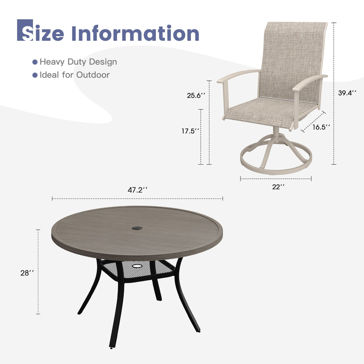 Vicllax Outdoor Dining Set for 6 People, Patio 47" Round Table with 6 Swivel Chairs