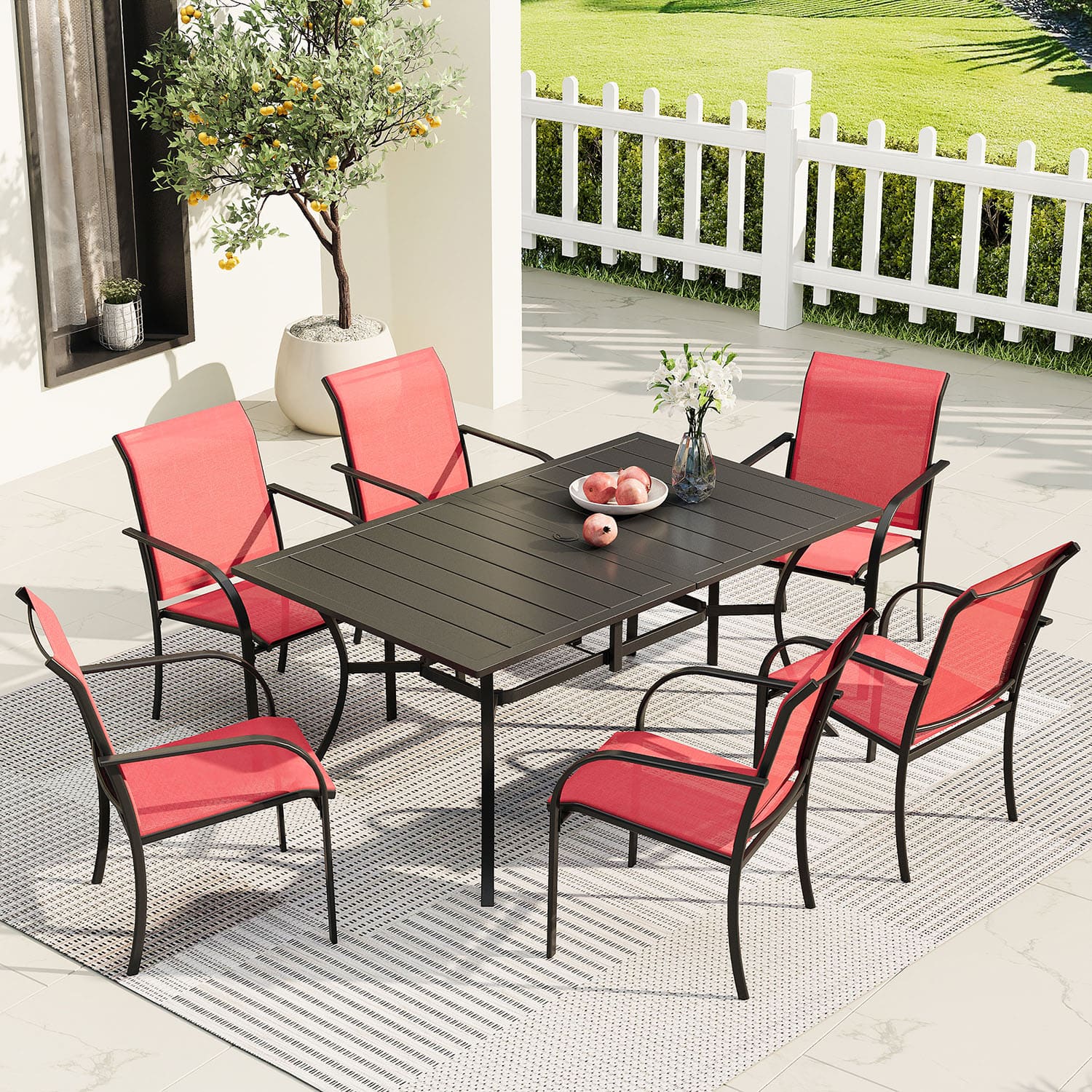 Vicllax Juego de comedor de exterior de 7 piezas con mesa rectangular de metal y sillas con reposabrazos de textileno