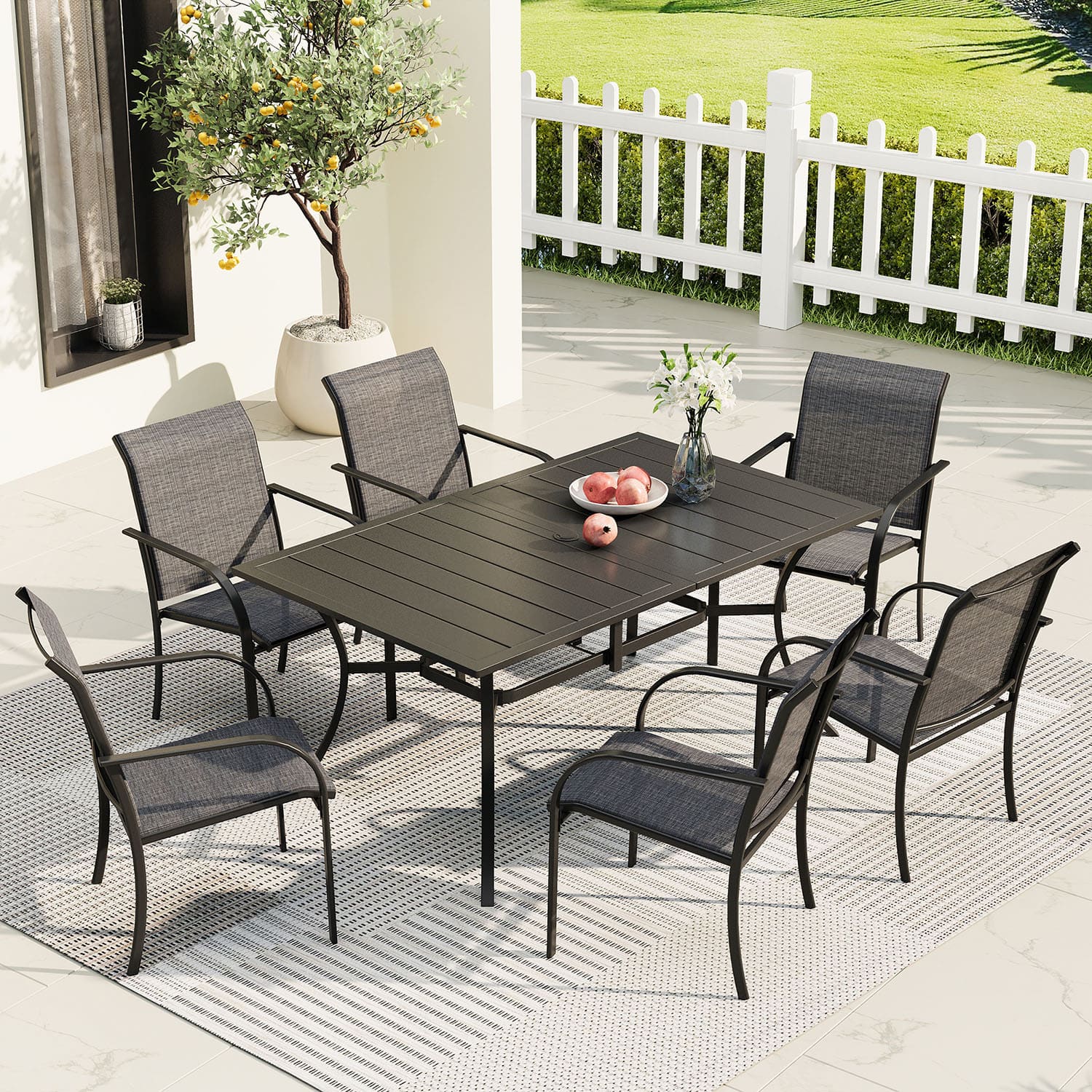 Vicllax Juego de comedor de exterior de 7 piezas con mesa rectangular de metal y sillas con reposabrazos de textileno