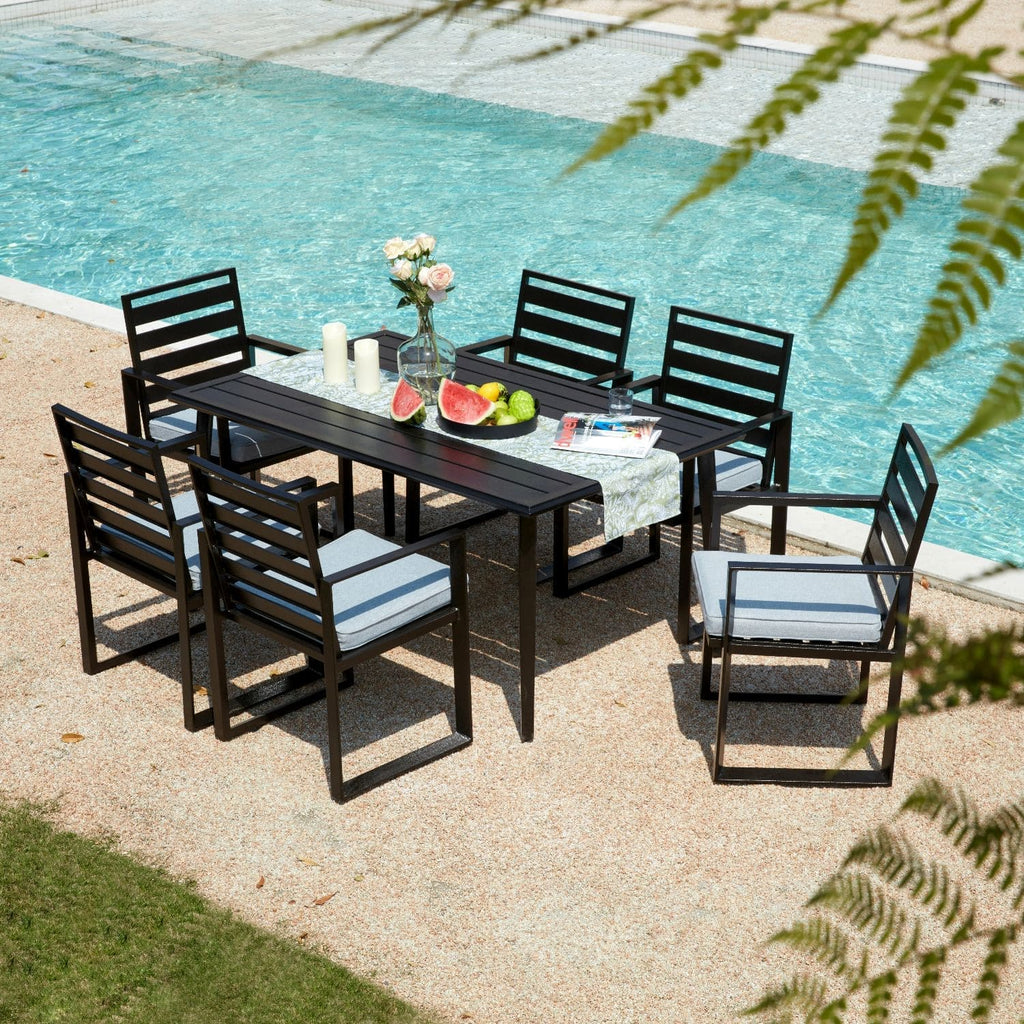 outdoor dining set, patio furniture set.outdoor dining, outdoor dinner furniture, outdoor dining chairs with cushion and metal table with umbrella hole