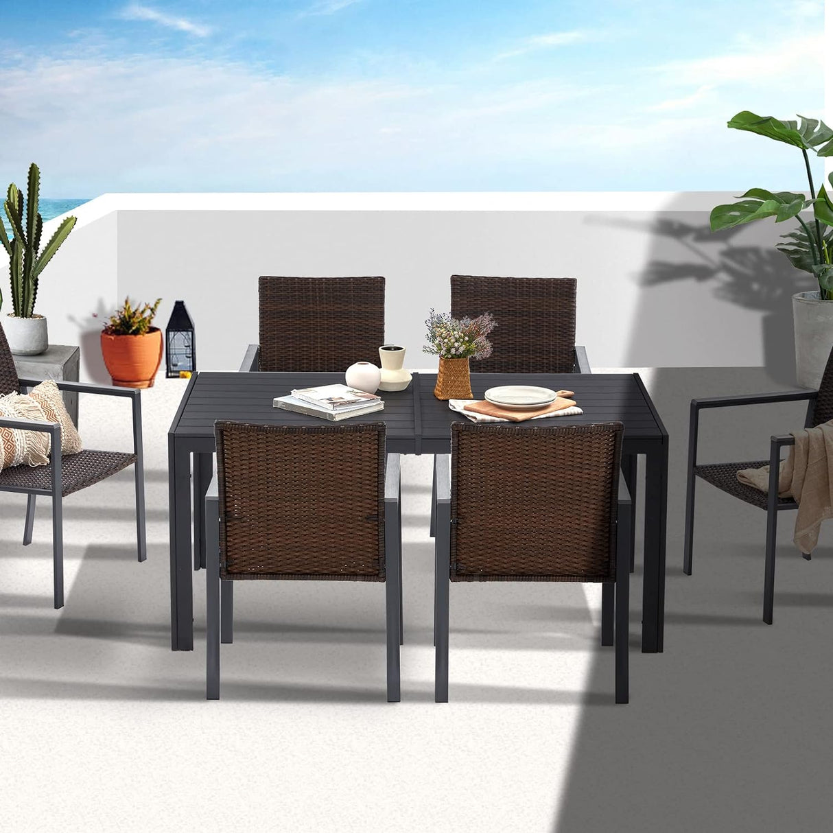 Vicllax Outdoor Patio Rectangular Dining Table for 6, Wood-Plastic Composites Table Top Metal Frame