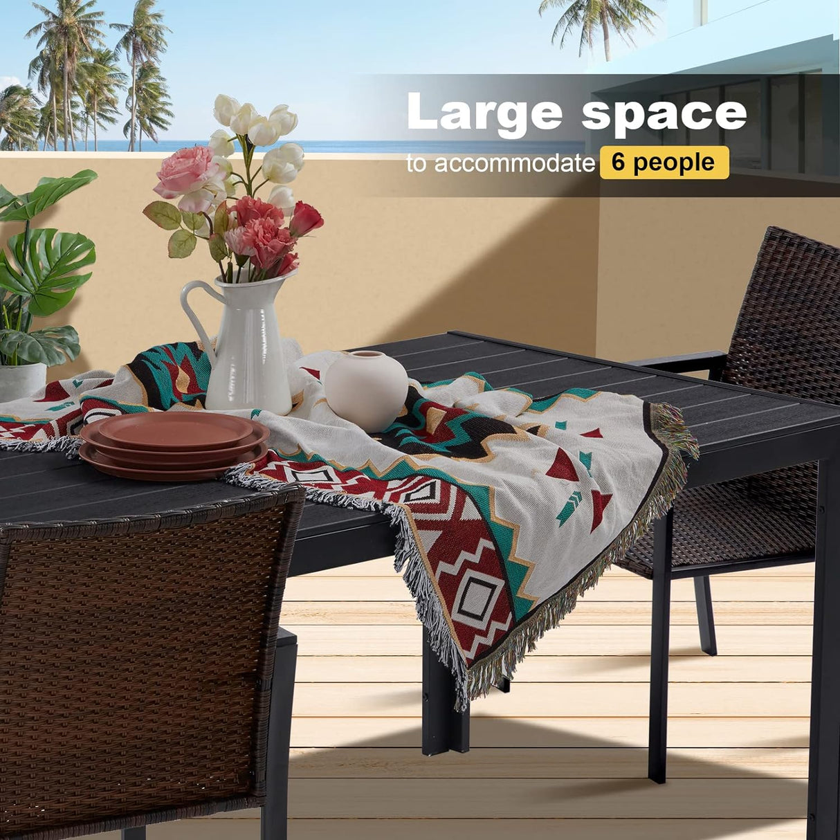 Vicllax Outdoor Patio Rectangular Dining Table for 6, Wood-Plastic Composites Table Top Metal Frame