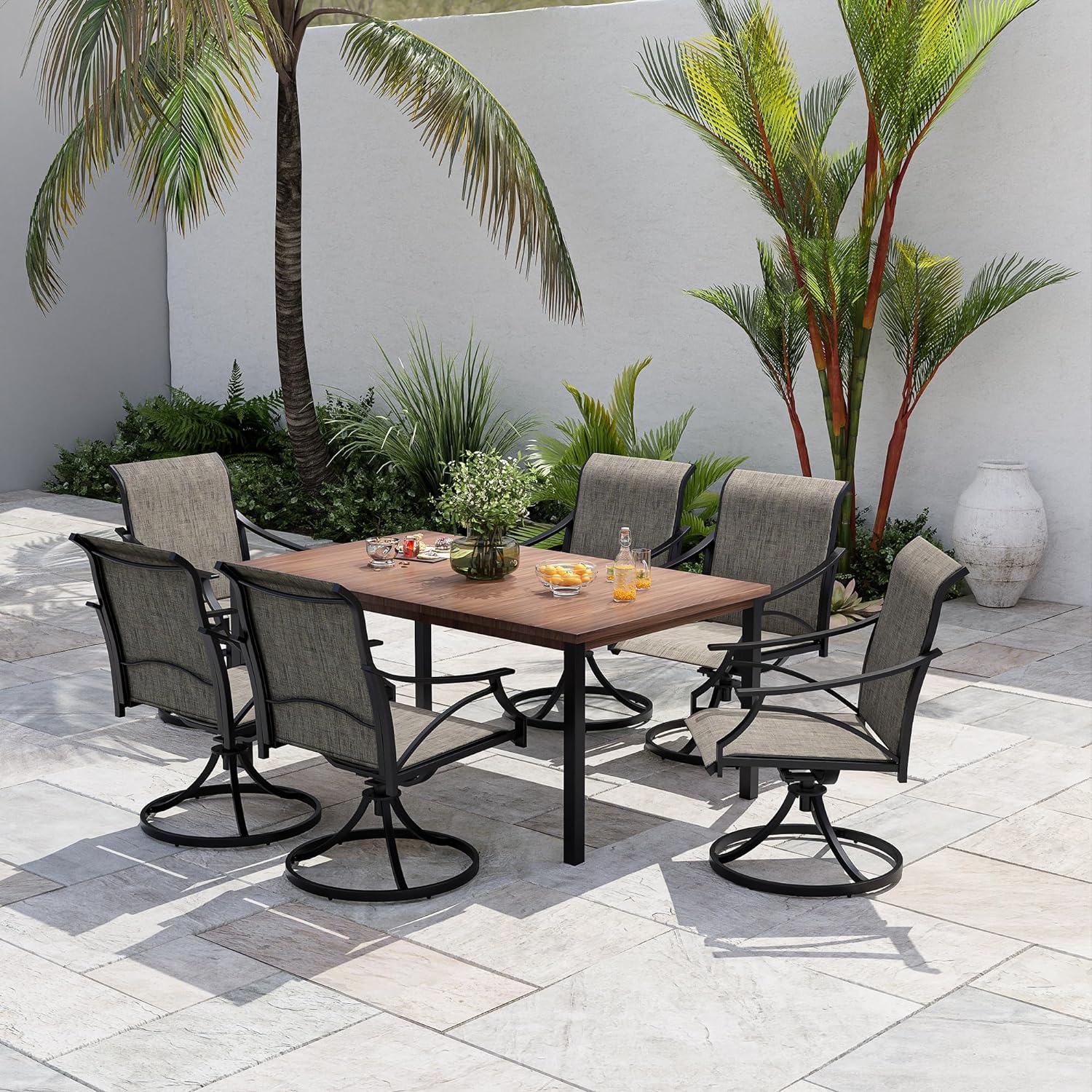 Vicllax Juego de comedor para exterior de 7 piezas, mesa de comedor rectangular para 6 y sillas giratorias para patio 